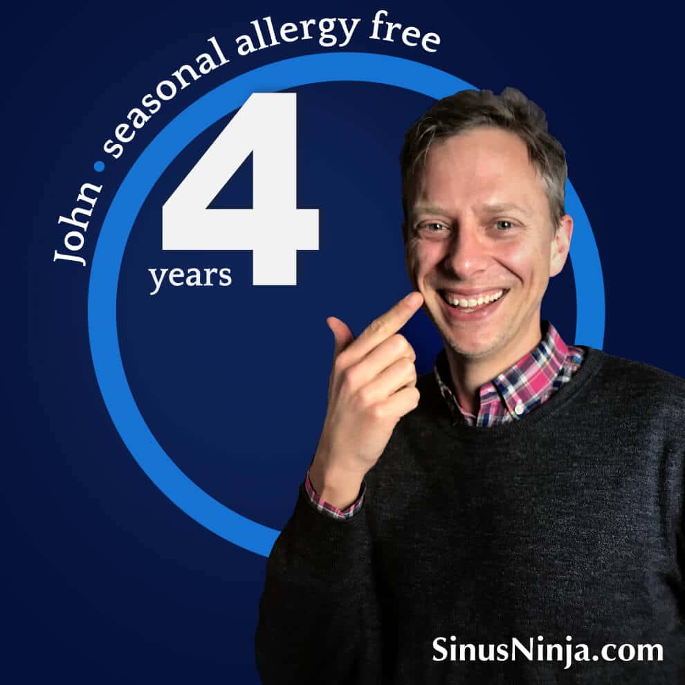 Smiling man from Bellevue Washington pointing to nose after alternative sinus treatment by his Sinus Ninja naturopathic doctor.