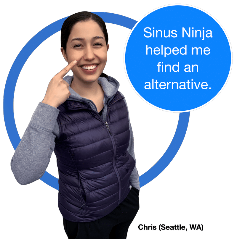 Chris from Seattle smiling and pointing to her sinuses after finding a drug-free treatment with Sinus Ninja