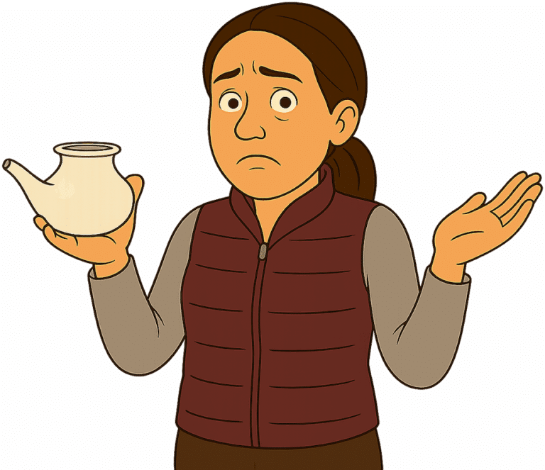Frustrated woman holding a neti pot, representing how sinus infections keep returning despite using rinses and other remedies.