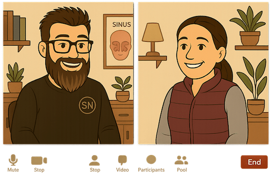 Cartoon of a Sinus Ninja on a Zoom call with a client, representing a virtual sinus consultation focused on natural, drug-free relief from chronic congestion and pressure.