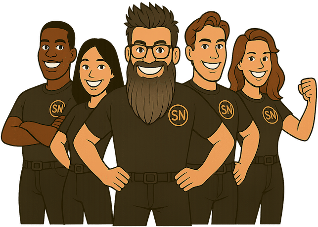Cartoon of the Sinus Ninja founder with a long beard, standing with four diverse, smiling team members in black SN-logo shirts—symbolizing a growing care team for current and future clients.