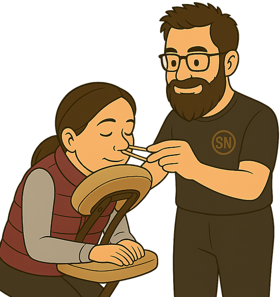 Cartoon of a Sinus Ninja practitioner applying essential oil swabs to a relaxed client’s nose during an in-office treatment—relieving pressure and targeting biofilms naturally.