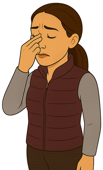 Woman holding her nose in pain, showing the discomfort of sinus pressure and the search for a natural remedy.